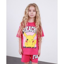 ButumiKids Kız Çocuk Karakter Baskılı Bisiklet Yaka Pamuklu T-Shirt Şort Alt Üst Takım