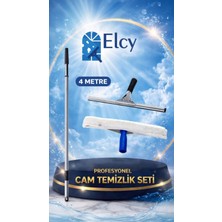 Elcy Cam Temizlik Seti 4 Metre Teleskopik Uzayabilen Metal Sap 35 cm Cam Peluş ve Cam Çekçeği