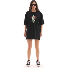 Velmora Fashion Bisiklet Yaka Baskılı Oversize T-Shirt - Siyah -