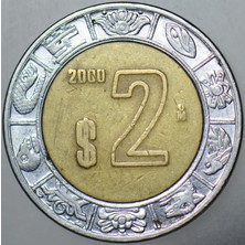 Banknoting Meksika 2 Peso 2000 Kartal ve Yılan Armalı Bimetal.