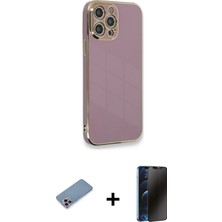 Cepte Toptan iPhone 12 Pro Yankı Serisi - Siyah 3D Antistatik Hayalet Cam Ekran Koruyucu + Pembe Shine Kamera Lens Koruma Cam