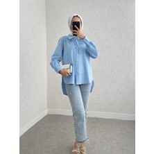 Modamorfo Yakalık Detaylı Arkası Uzun Düğmeli Gömlek -Mavi