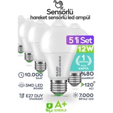 Suled Hareket Sensörlü LED Ampul 5'li Set 12W E27 Duy Tipi 7000K Beyaz Işık ile Uzun Ömür