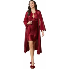 Pierre Cardin Saten Dantelli Gecelik ve Sabahlık Takımı 4375 Bordo