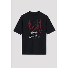 Velmora Fashion Happy New Year Baskılı T-Shirt - Siyah -