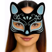 Çerçici Siyah Renk Süet Kaplama Üzeri Gümüş Mavi Simli Kedi Maskesi 17X14 cm