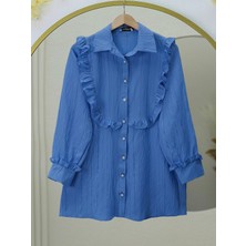 Modamorfo Taşlı Düğmeli Önü Fırfır Detaylı Gömlek -Koyu Mavi