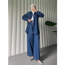 Modamorfo Düğmeli Cep Detaylı Bol Paça Pantolonlu Kot Takım -Indigo
