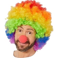 Çerçici Rengarenk Gökkuşağı Afro Bonus Peruk ve Kırmızı Renk Sünger Burun 120 gr