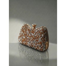 Kristal Taşlı Mini Boy Kadın El. Omuz, Clutch Abiye Çanta Bronz