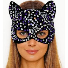 Çerçici Siyah Kadife Kumaş Üzerine Mor Beyaz Payetli Pullu Parti Maskesi 16X14 cm