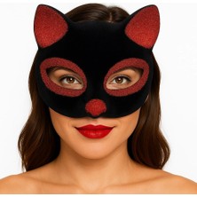 Çerçici Siyah Renk Kırmızı Simli Süet Kaplama Kedi Maskesi 18X14 cm