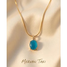 Mervan Takı Mavi Taş Detaylı Gold Renk Çelik Kolye