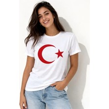 T-Shirt Kısa Kol Bisiklet Yaka Ay Yıldız Bayrak Baskılı Tişört - Beyaz