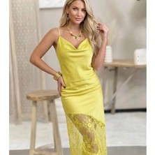 Defy Moda Kadın Omuz Askılı Fantel Güpür Transparan Detay Saten Elbise