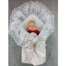 Uravas Store Yenidoğan Saray Kadife Taç Nakışlı Inci Fiyonklu Çift Dantel Duvak Trilüks Kundak Bebek Battaniyesi