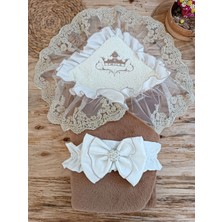 Uravas Store Yenidoğan Wool Yün Kumaş Taç Nakışlı Güpür Duvaklı Fiyonk Prizma Taş Unisex Kundak Bebek Battaniyes