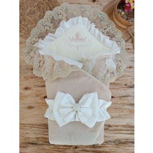 Uravas Store Yenidoğan Wool Yün Kumaş Taç Nakışlı Güpür Duvaklı Fiyonk Prizma Taş Unisex Kundak Bebek Battaniyes