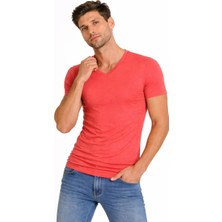 Velmora Fashion Erkek Body T-Shirt V Yaka Slim Fit Likralı Kısa Kol Tişört - Nar Çiçeği