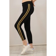 Velmora Fashion Yanı Sarı Şeritli Tayt - Siyah -