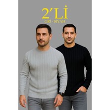 Velmora Fashion Fitilli Triko Kazak 2 Li Set - Siyah  Gri, Kalın Dokuma Pamuklu Regular Fit Bisiklet Yaka Uzun Kollu Rahat Kışlık Kazak Kombini