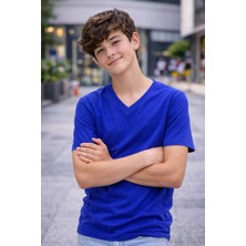 Velmora Fashion Genç Erkek Çocuk V Yaka Tişört Model - Saks Mavisi