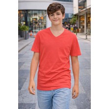Velmora Fashion Genç Erkek Çocuk V Yaka Tişört Model - Nar Çiçeği