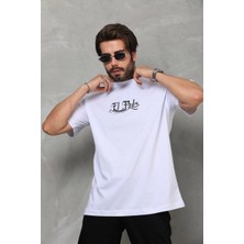 Velmora Fashion Bisiklet Yaka Baskılı Oversize T-Shirt - Beyaz -