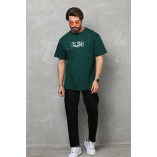 Velmora Fashion Bisiklet Yaka Baskılı Oversize T-Shirt - Yeşil -