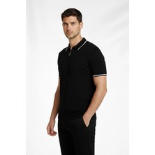 Velmora Fashion Erkek Yazlık Dokuma Triko Tişört Fermuarlı Polo Yaka Kısa Kol T-Shirt - Siyah