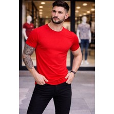 Velmora Fashion Erkek Body Tişört Bisiklet Yaka Slim Fit Likralı T-Shirt -  Kırmızı