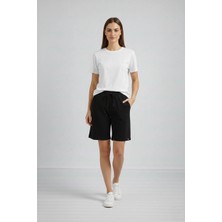Velmora Fashion Kadın Dokuma Otoban Şort Beli Lastikli Bağcıklı Cepli Kesim Şort - Siyah