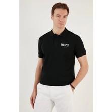 Velmora Fashion Yakası Düğmeli Yakalı Pike Baskılı T-Shirt - Siyah -