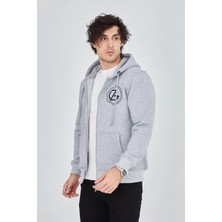 Velmora Fashion Erkek Velmora Fashion Iplik Pamuklu Fermuarlı Kapüşonlu Kanguru Cepli Baskılı Hoodie Hırka Sweatshirt -Gri