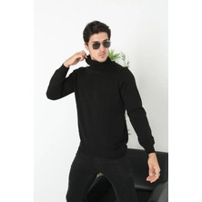 Velmora Fashion Erkek Tam Boğazlı Balıkçı Yaka Kazak Uzun Kol Düz Dokuma Triko - Siyah