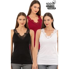 Özkan Underwear Özkan 2001 3'lü Paket Kadın %100 Pamuklu Ribana Siyah Beyaz Bordo Dantelli Güpürlü Manolya Atlet