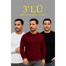 Velmora Fashion Fitilli Triko Kazak 3 Lü Set - Beyaz, Bordo, Siyah | Kalın Dokuma Pamuklu Regular Fit Bisiklet Yaka Uzun Kollu Kışlık ve Baharlık Rahat Triko Kombini