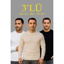 Velmora Fashion Fitilli Triko Kazak 3 Lü Set - Bej, Beyaz, Siyah | Kalın Dokuma Pamuklu Regular Fit Bisiklet Yaka Uzun Kollu Kışlık ve Baharlık Rahat Triko Kombini
