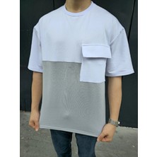 Velmora Fashion Torba Cep Detaylı Parçalı T-Shirt - Gri -
