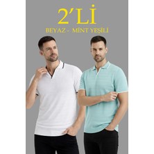 Velmora Fashion Erkek Kısa Kol Fitilli Triko Polo Yaka Düğmesiz T-Shirt 2'li Set Beyaz-Mint Yeşili
