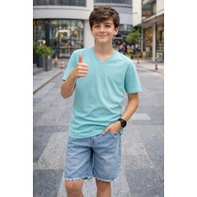Velmora Fashion Genç Erkek Çocuk V Yaka Tişört Model - Turkuvaz