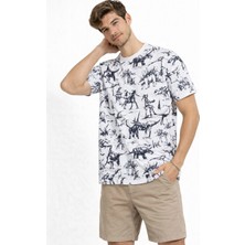 Velmora Fashion Erkek Dinozor Dijıtal Ön ve Arka Baskılı Tişört Bisiklet Yaka T-Shirt - Beyaz