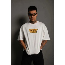 Velmora Fashion Bisiklet Yaka Baskılı Oversize T-Shirt - Beyaz -