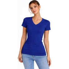 Velmora Fashion Kadın T-Shirt V Yaka Slim Fit Likralı Tişört Yazlık Basic Body - Indigo