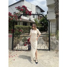 Velmora Fashion Kısa Kollu Uzun Yandan Yırtmaçlı Elbise - Bej -