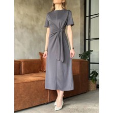 Velmora Fashion Osy Modal Yumuşak Dokulu Kumaş Yandan Bağlamalı Elbise - Gri -