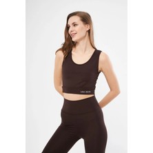Velmora Fashion Kolsuz Sporcu Baskılı Crop - Kahve