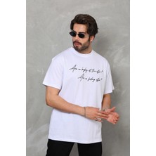 Velmora Fashion Bisiklet Yaka Baskılı Oversize T-Shirt - Beyaz