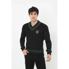 Velmora Fashion V Yaka Örgülü Kazak - Siyah -