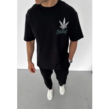 Velmora Fashion Bisiklet Yaka Baskılı Oversize T-Shirt - Siyah -